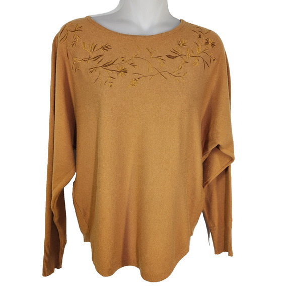 Milano Sweater Womens Medium Pullover Embroidered Floral Dolman Sleeve Mustard - Picture 1 of 9
